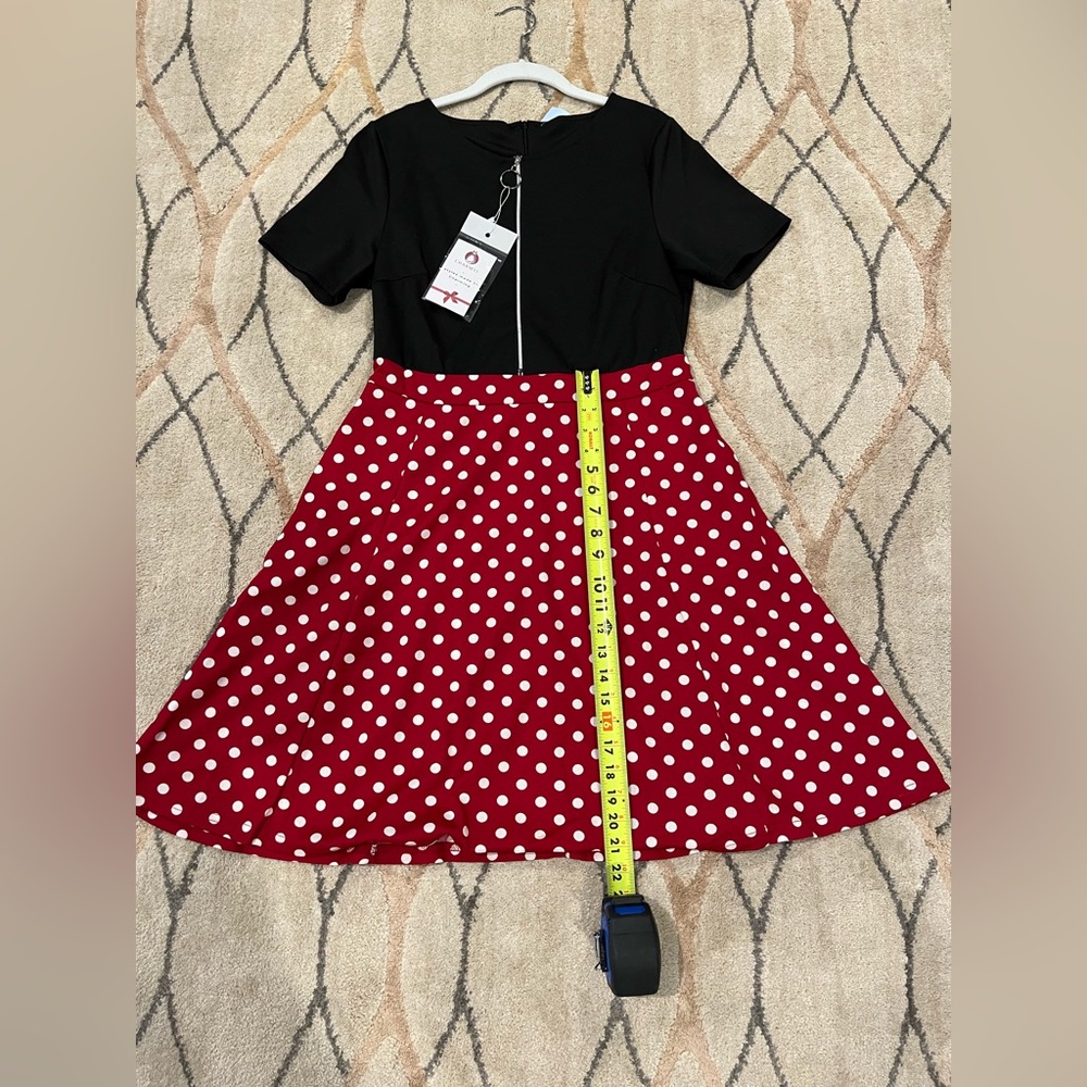 Black and Red Polka Dot Fit & Flare Dress w/pockets. Size L (10-12) Minniesque